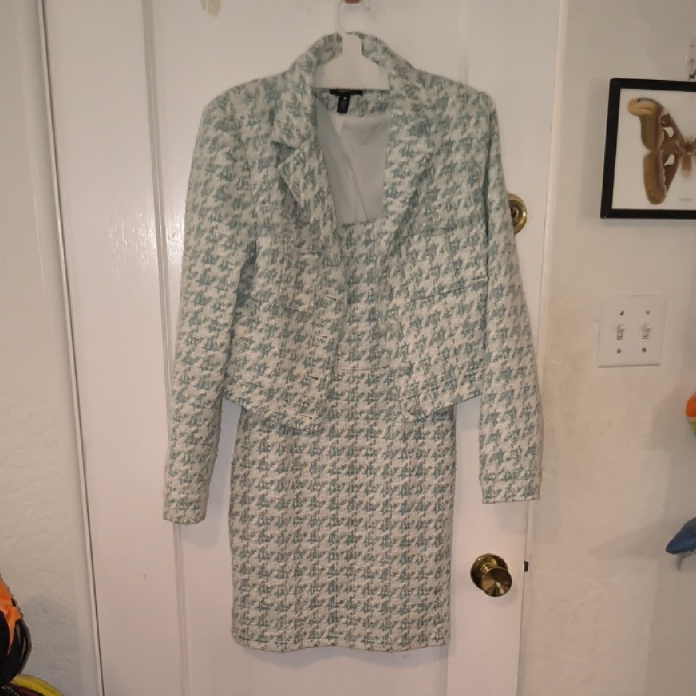 Aqua | Mint and White Houndstooth Midi Dress with Jacket